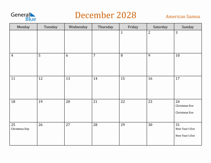 December 2028 Holiday Calendar with Monday Start
