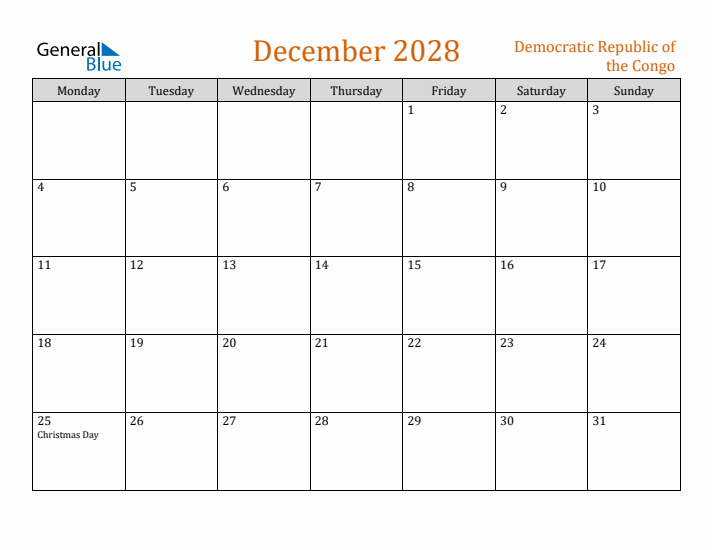 December 2028 Holiday Calendar with Monday Start