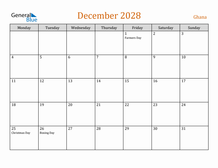 December 2028 Holiday Calendar with Monday Start