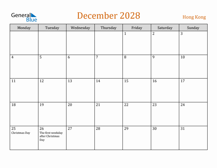 December 2028 Holiday Calendar with Monday Start