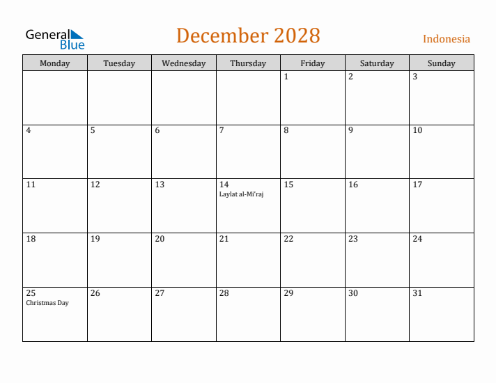 December 2028 Holiday Calendar with Monday Start