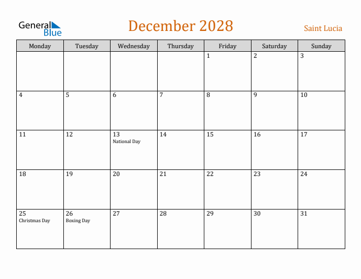 December 2028 Holiday Calendar with Monday Start