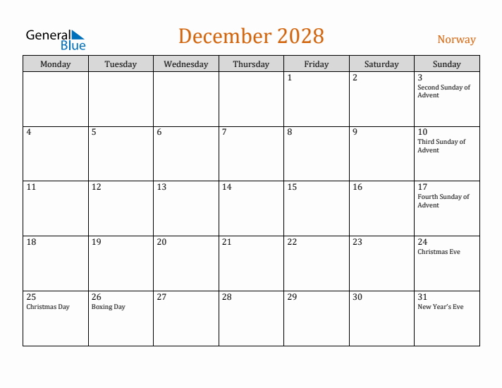 December 2028 Holiday Calendar with Monday Start