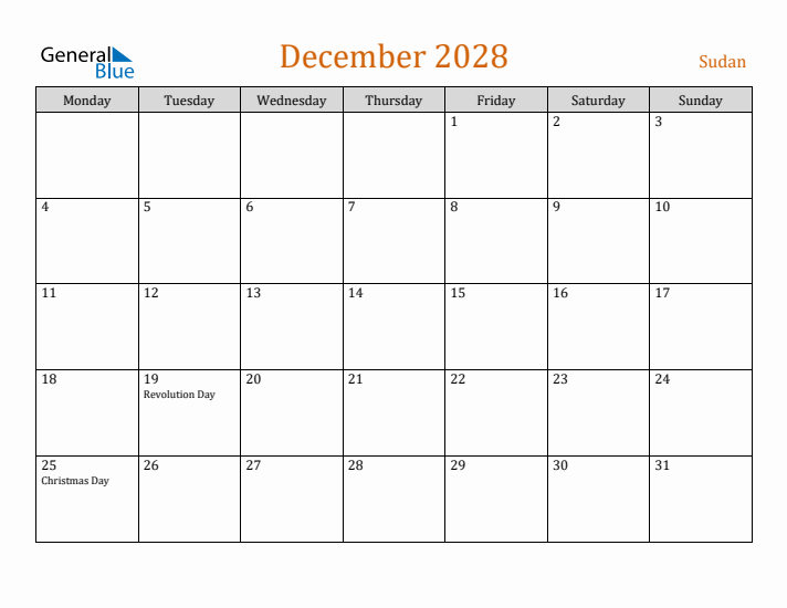 December 2028 Holiday Calendar with Monday Start