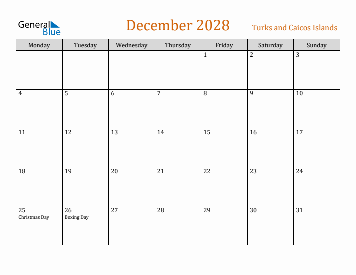 December 2028 Holiday Calendar with Monday Start
