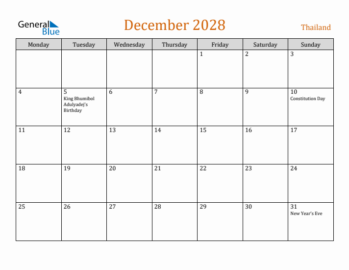 December 2028 Holiday Calendar with Monday Start
