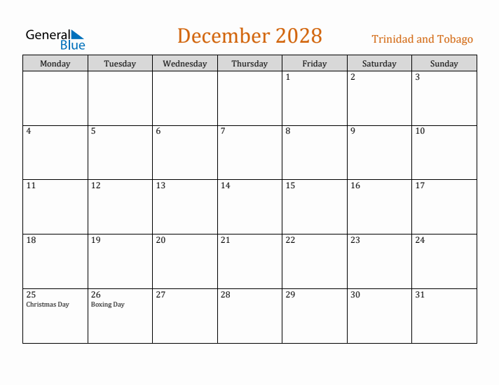 December 2028 Holiday Calendar with Monday Start