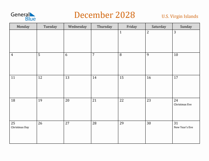 December 2028 Holiday Calendar with Monday Start