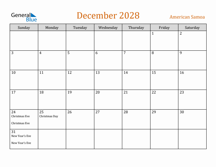 December 2028 Holiday Calendar with Sunday Start