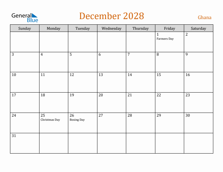 December 2028 Holiday Calendar with Sunday Start