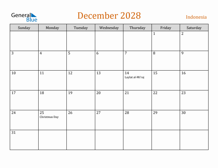 December 2028 Holiday Calendar with Sunday Start