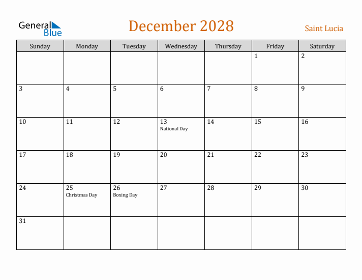 December 2028 Holiday Calendar with Sunday Start