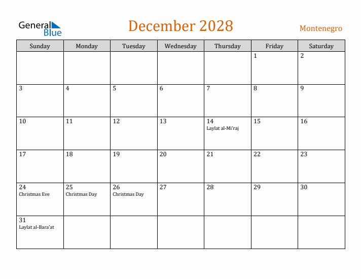 December 2028 Holiday Calendar with Sunday Start
