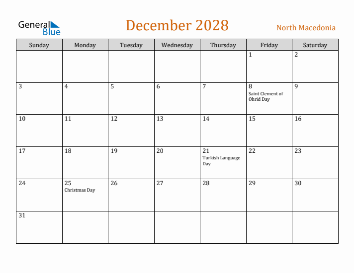 December 2028 Holiday Calendar with Sunday Start