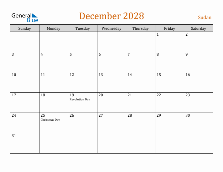 December 2028 Holiday Calendar with Sunday Start