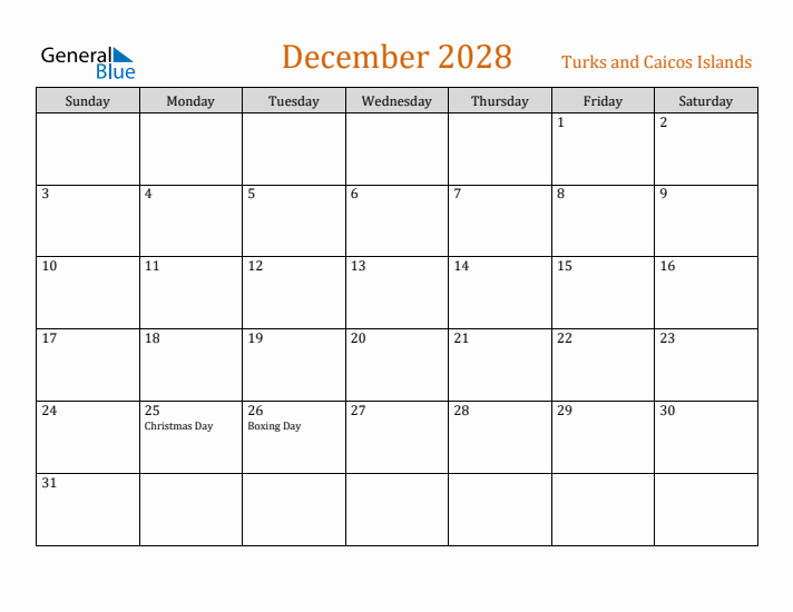 December 2028 Holiday Calendar with Sunday Start