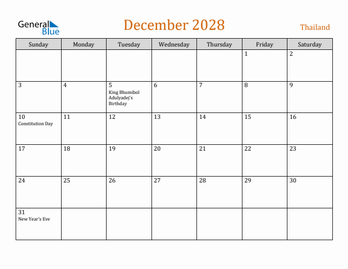 December 2028 Holiday Calendar with Sunday Start