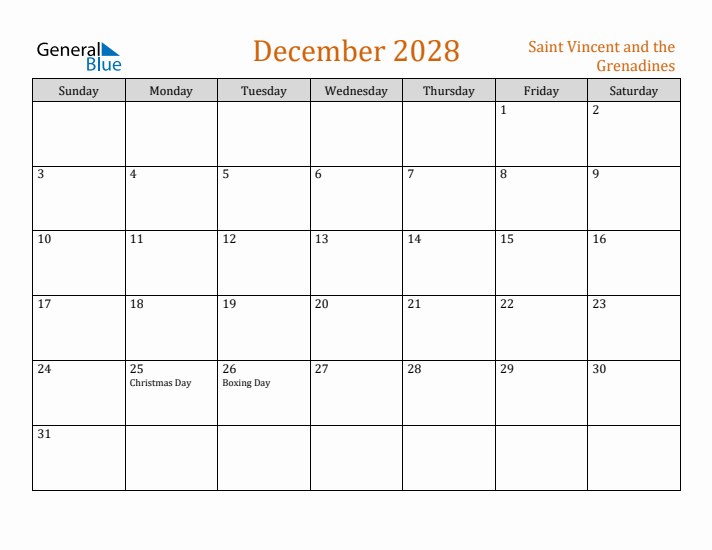 December 2028 Holiday Calendar with Sunday Start