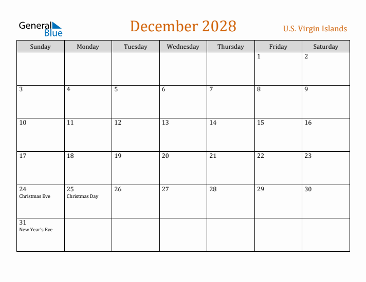 December 2028 Holiday Calendar with Sunday Start