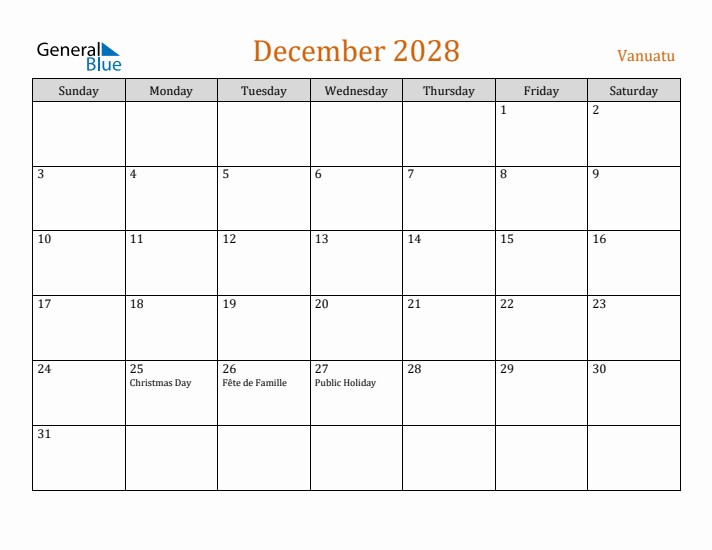 December 2028 Holiday Calendar with Sunday Start