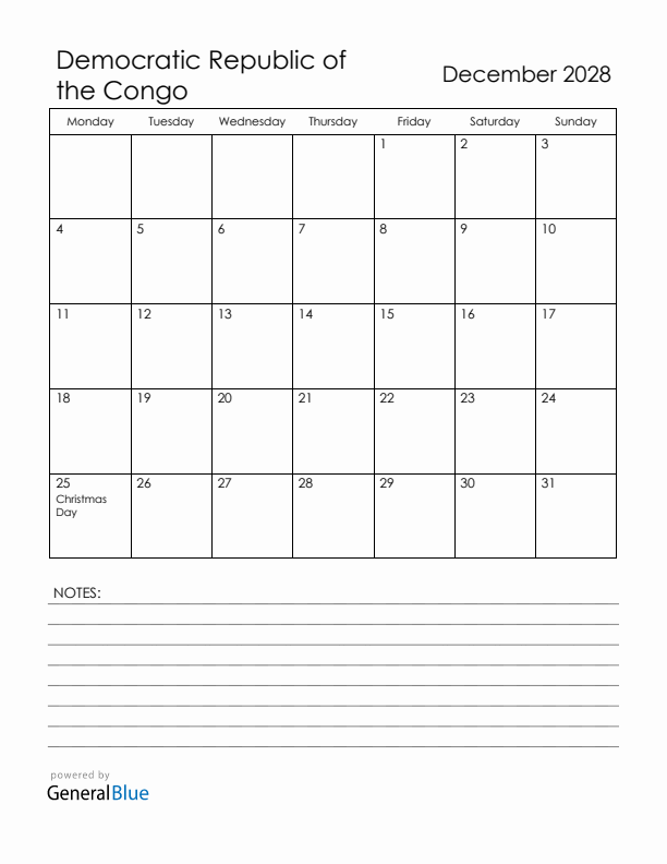 December 2028 Democratic Republic of the Congo Calendar with Holidays (Monday Start)