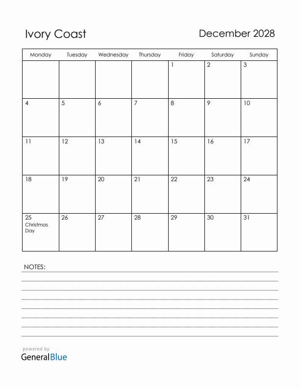 December 2028 Ivory Coast Calendar with Holidays (Monday Start)