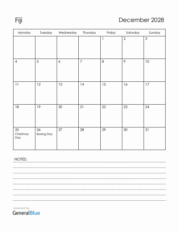 December 2028 Fiji Calendar with Holidays (Monday Start)