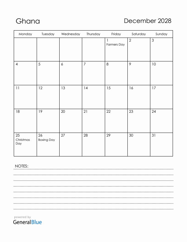 December 2028 Ghana Calendar with Holidays (Monday Start)