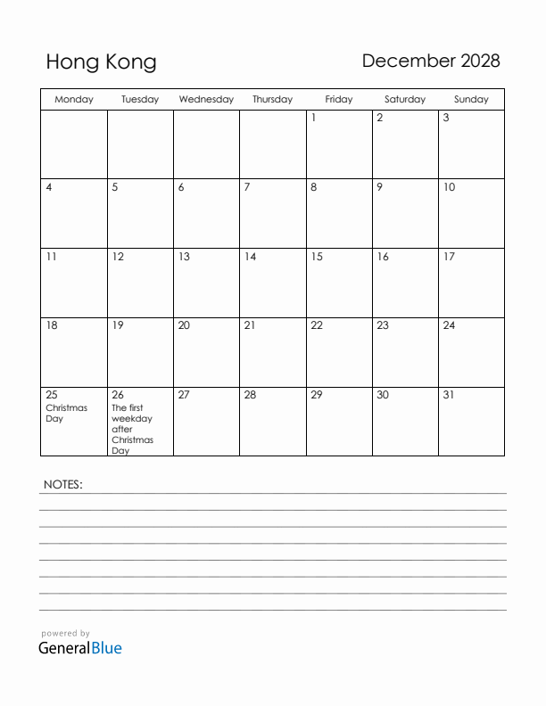 December 2028 Hong Kong Calendar with Holidays (Monday Start)