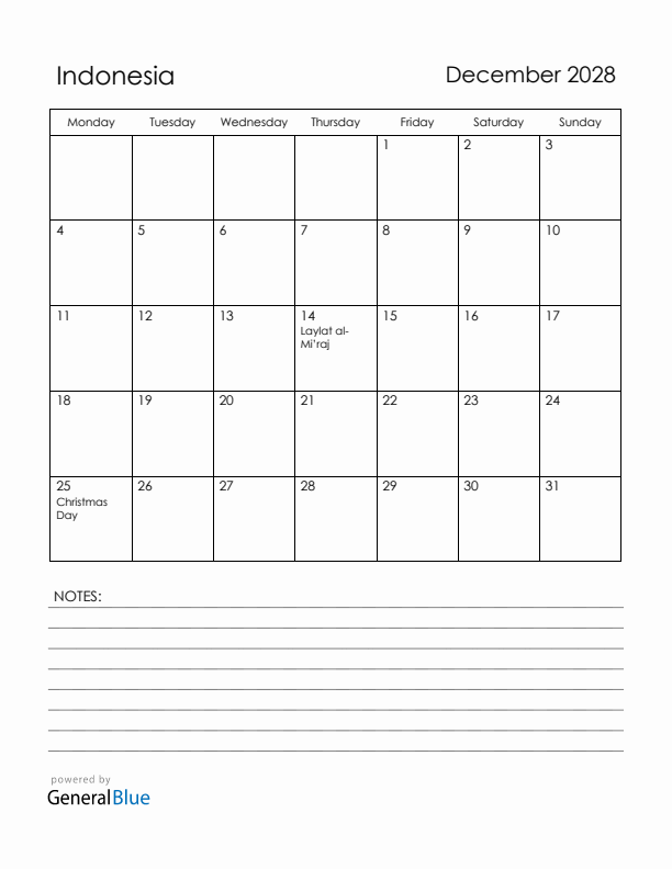 December 2028 Indonesia Calendar with Holidays (Monday Start)