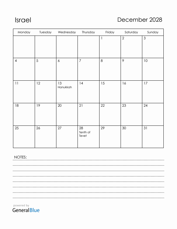 December 2028 Israel Calendar with Holidays (Monday Start)