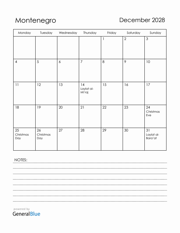 December 2028 Montenegro Calendar with Holidays (Monday Start)
