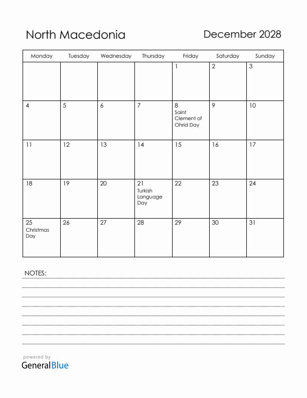 December 2028 North Macedonia Calendar with Holidays (Monday Start)