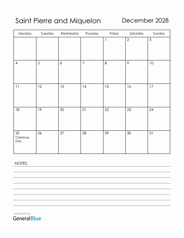 December 2028 Saint Pierre and Miquelon Calendar with Holidays (Monday Start)