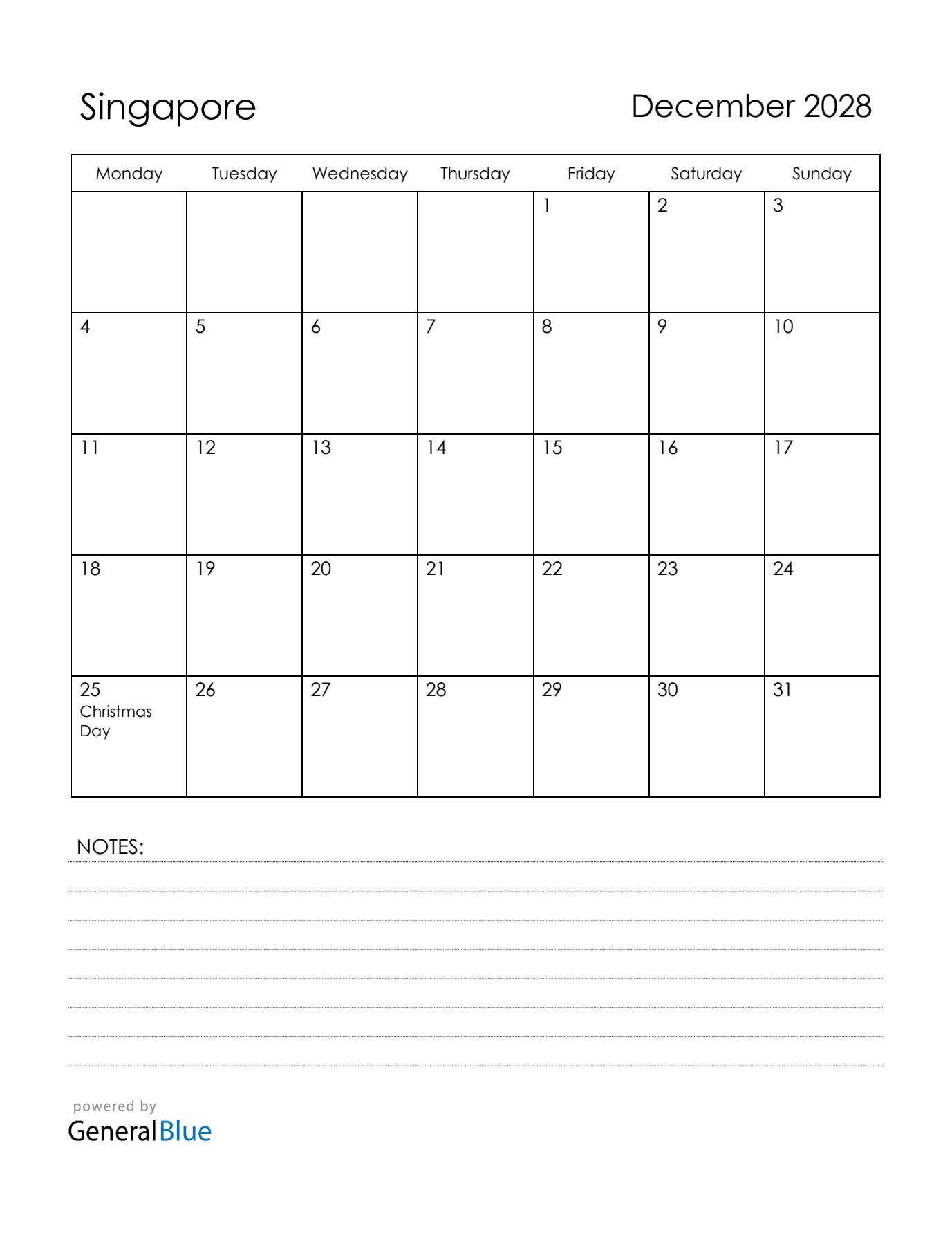 December 2028 Singapore Calendar with Holidays (Monday Start)