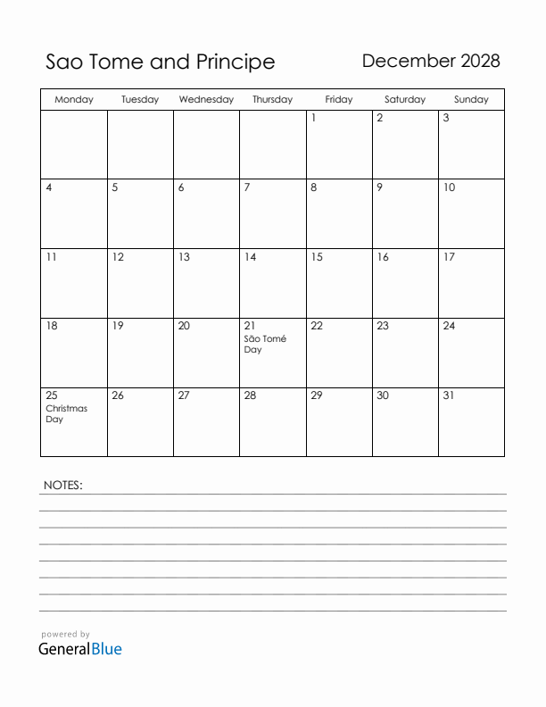 December 2028 Sao Tome and Principe Calendar with Holidays (Monday Start)