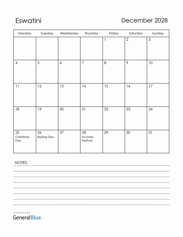 December 2028 Eswatini Calendar with Holidays (Monday Start)