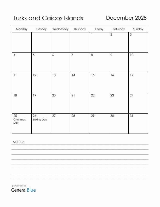 December 2028 Turks and Caicos Islands Calendar with Holidays (Monday Start)