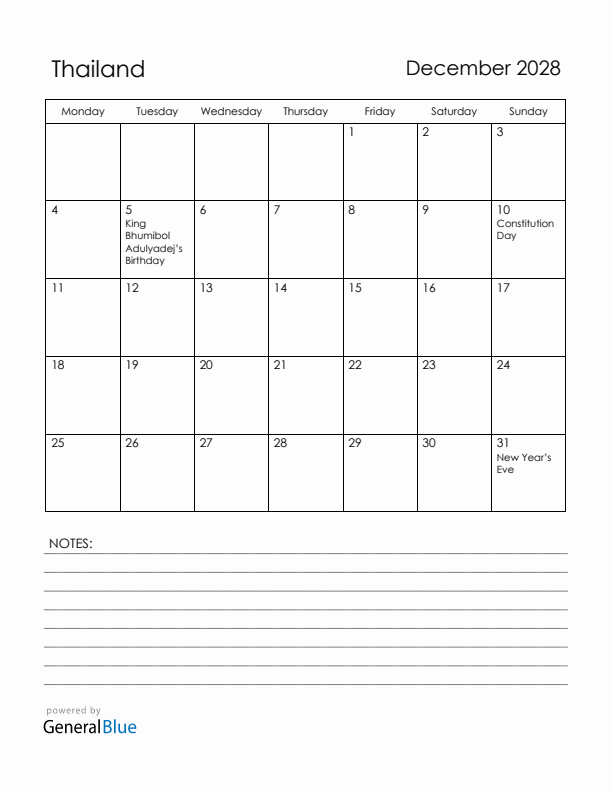 December 2028 Thailand Calendar with Holidays (Monday Start)