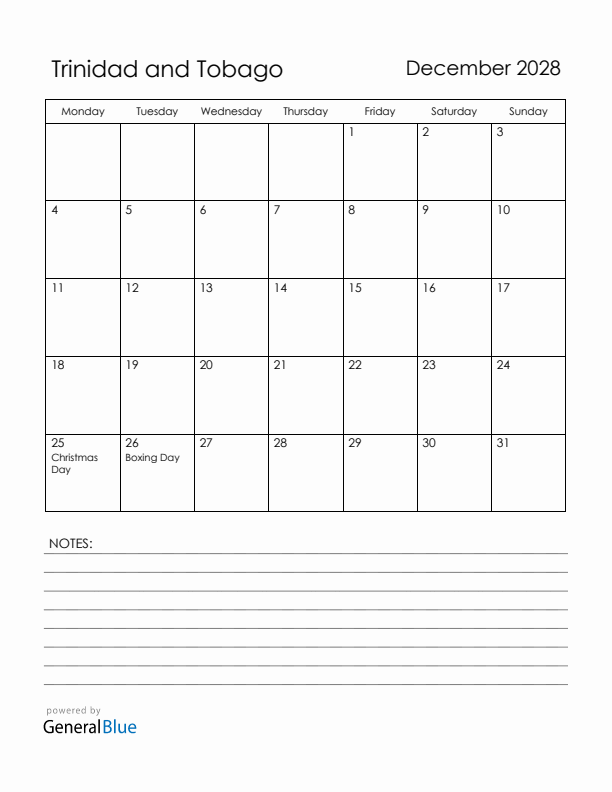 December 2028 Trinidad and Tobago Calendar with Holidays (Monday Start)