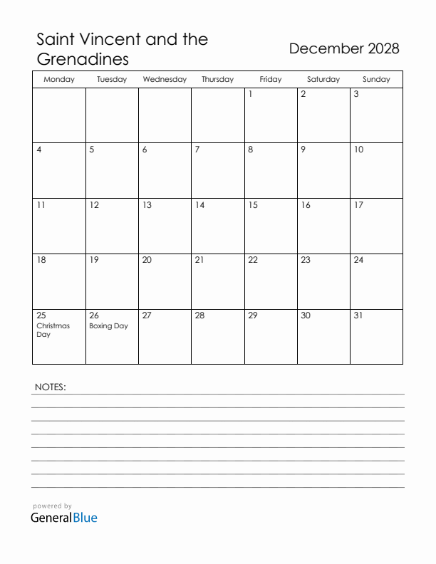 December 2028 Saint Vincent and the Grenadines Calendar with Holidays (Monday Start)