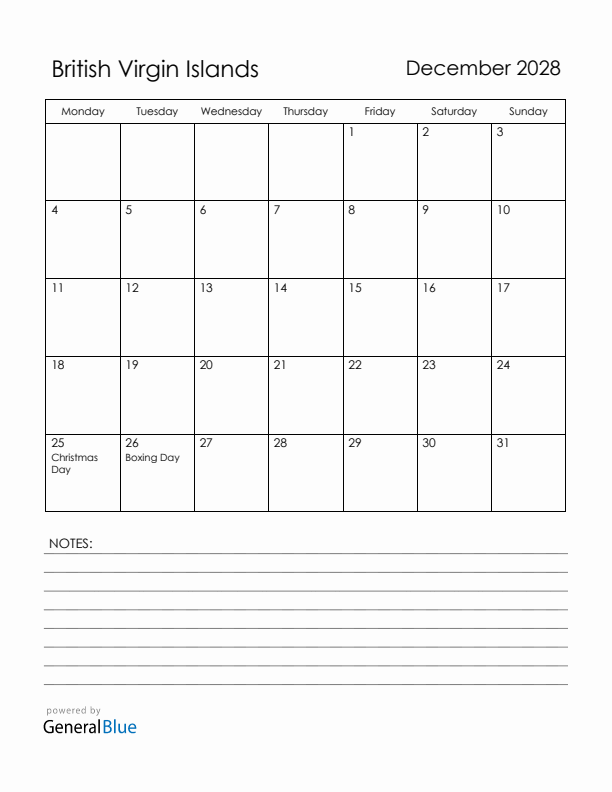 December 2028 British Virgin Islands Calendar with Holidays (Monday Start)