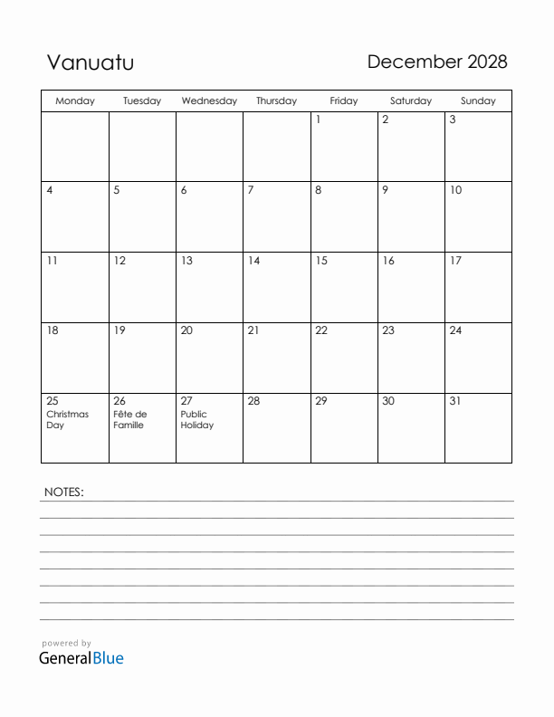 December 2028 Vanuatu Calendar with Holidays (Monday Start)
