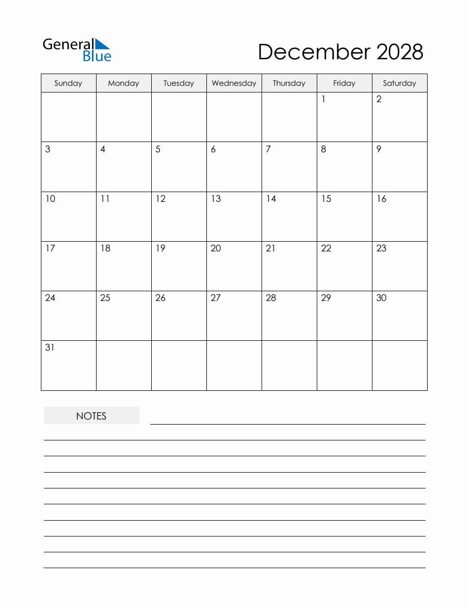 December 2028 Monthly Planner Calendar