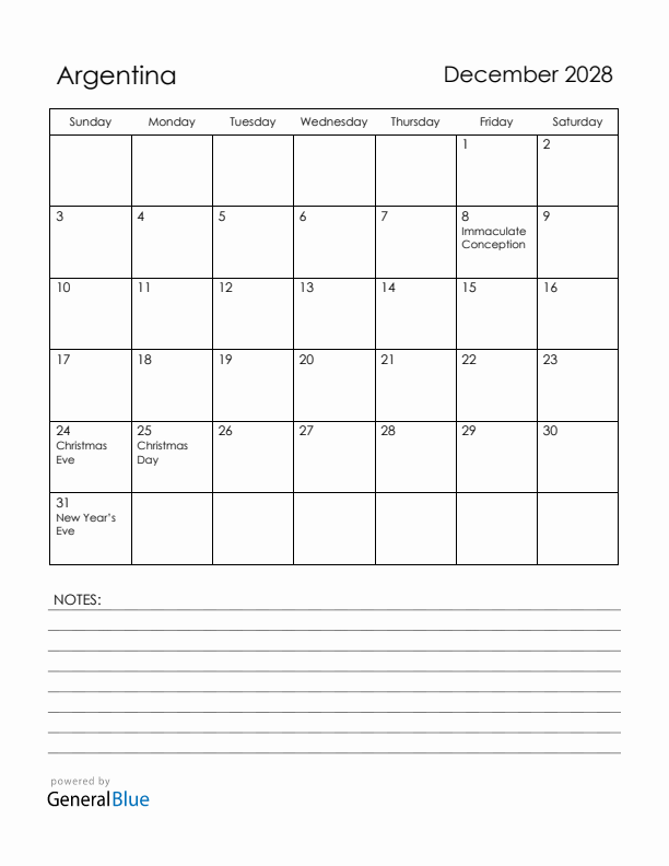 December 2028 Argentina Calendar with Holidays (Sunday Start)