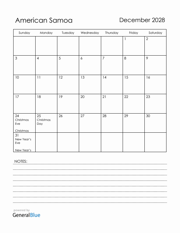 December 2028 American Samoa Calendar with Holidays (Sunday Start)