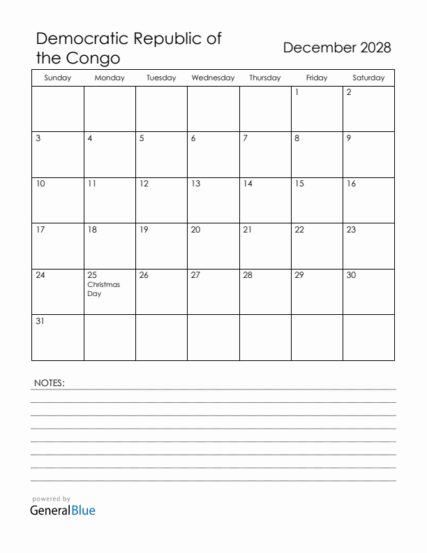 December 2028 Democratic Republic of the Congo Calendar with Holidays (Sunday Start)