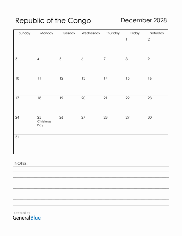 December 2028 Republic of the Congo Calendar with Holidays (Sunday Start)