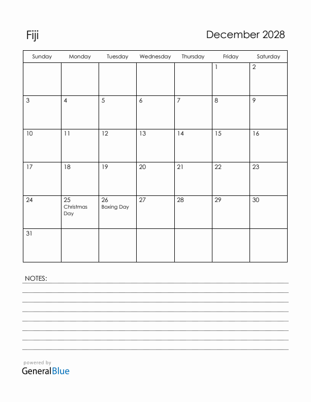 December 2028 Fiji Calendar with Holidays (Sunday Start)
