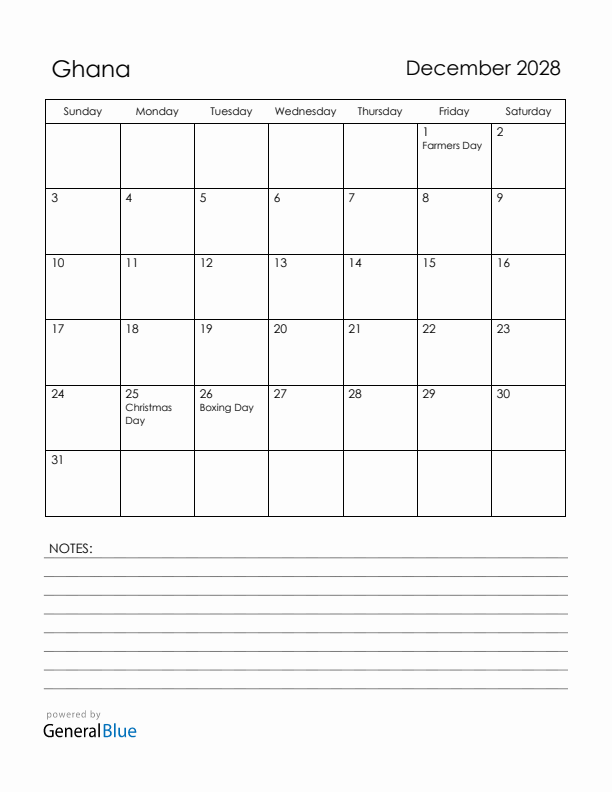 December 2028 Ghana Calendar with Holidays (Sunday Start)